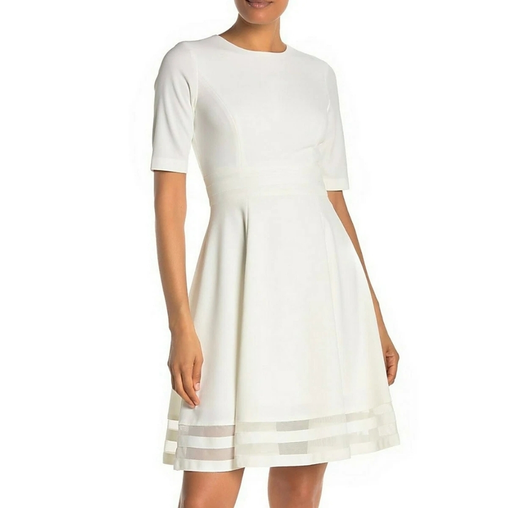 CALVIN KLEIN Short Sleeve Illusion Hem A-Line White Dress